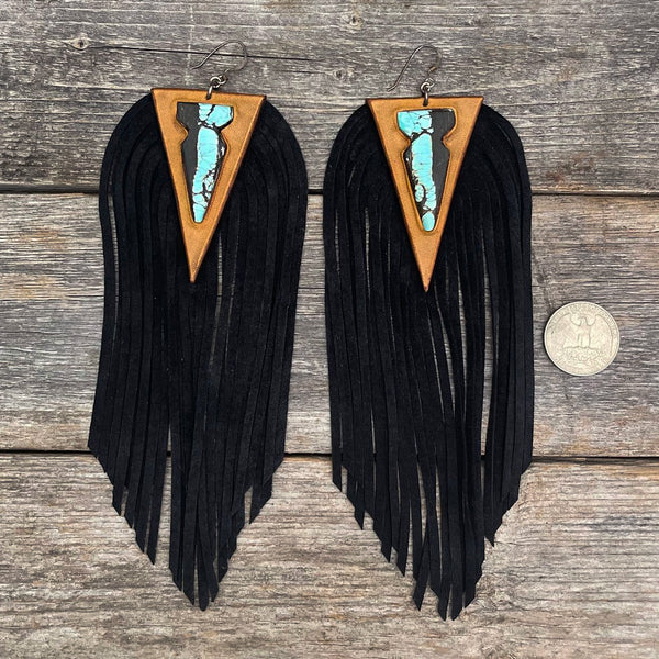 One of a Kind - Genuine Turquoise Fringe Leather Earrings