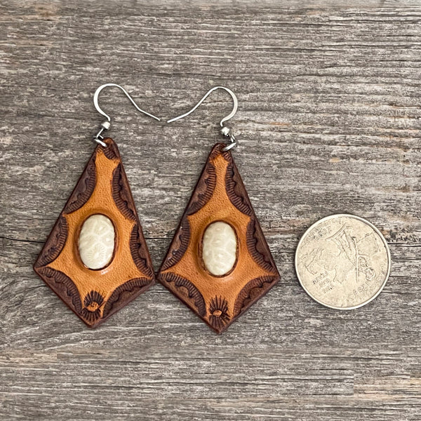 One of a Kind - White Coral Inlay Leather Earrings