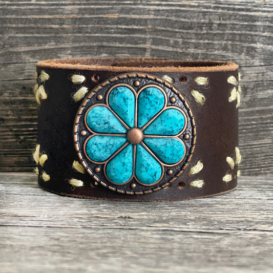 One of a kind genuine leather bracelet with big flower copper concho