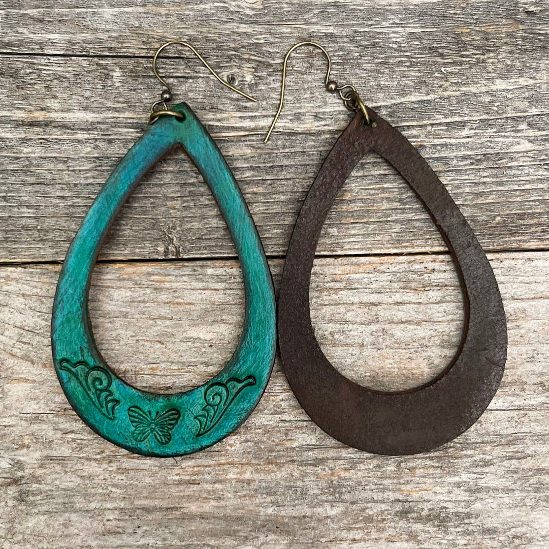 One of a Kind dark turquoise drop leather earrings