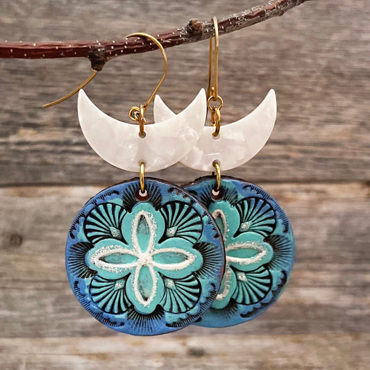 One of a Kind Leather and Nacar Earrings | Bohemian Style