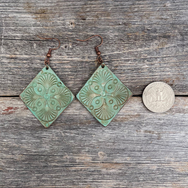 One of a Kind Rhomboid Aqua Leather Tooled Earrings