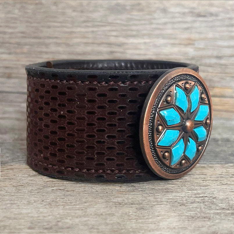 One of a Kind Genuine Leather Bracelet with Rhomboid Flower Concho