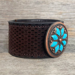 One of a Kind Genuine Leather Bracelet with Rhomboid Flower Concho