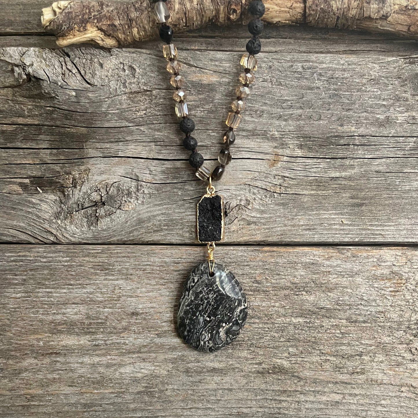 Handmade Natural Stone Bead Necklace with Drop Pendant