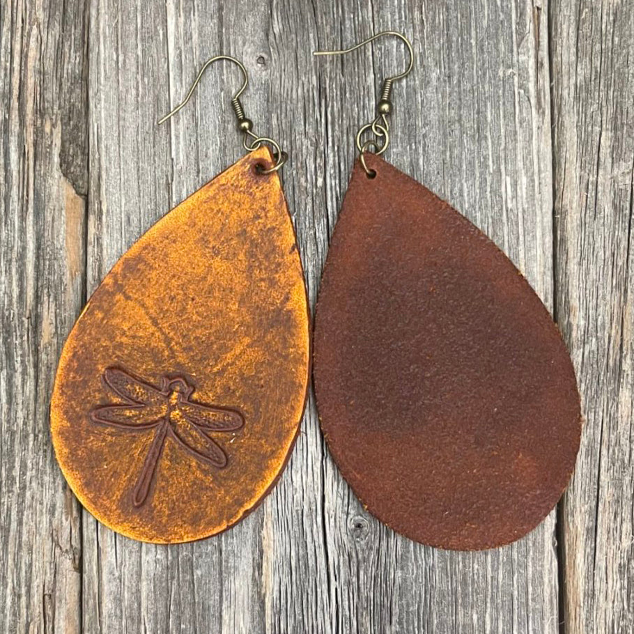 MADE TO ORDER - Extra Long Leather Drop Earrings with Dragonfly Design