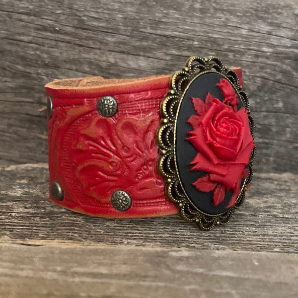 One of a Kind, Genuine leather red bracelet with cameo concho