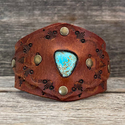 One of a Kind, genuine leather bracelet with Blue Gem turquoise