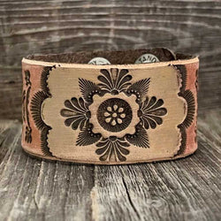 One of a kind, genuine leather, wide boho bracelet with tooled flower