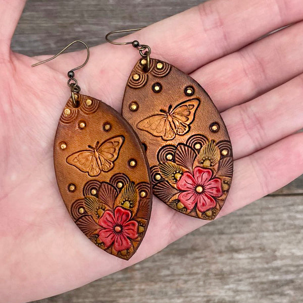 One of a Kind drop leather earrings with butterfly and flowers design