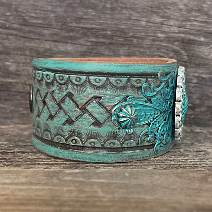 One of a Kind, genuine leather patina flower concho bracelet