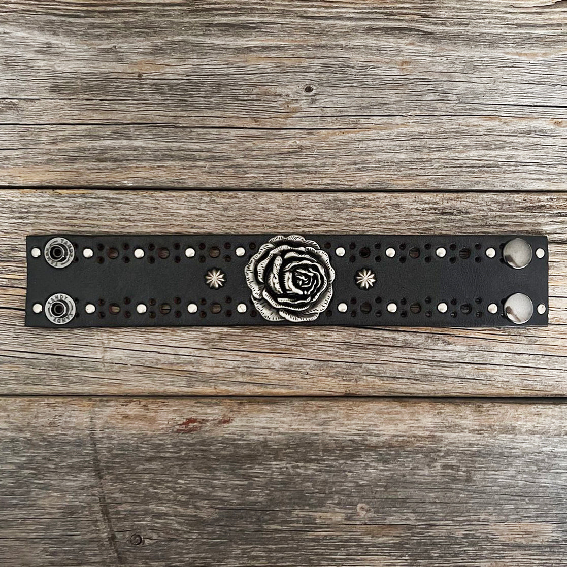 Genuine Die Cut Leather Bracelet with Silver Rose Concho