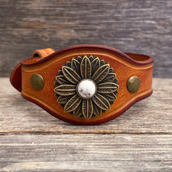 MADE TO ORDER - Leather Buckle Bracelet with Flowers Concho