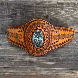 One of a Kind - Tooled Leather Bracelet with Kingman Turquoise