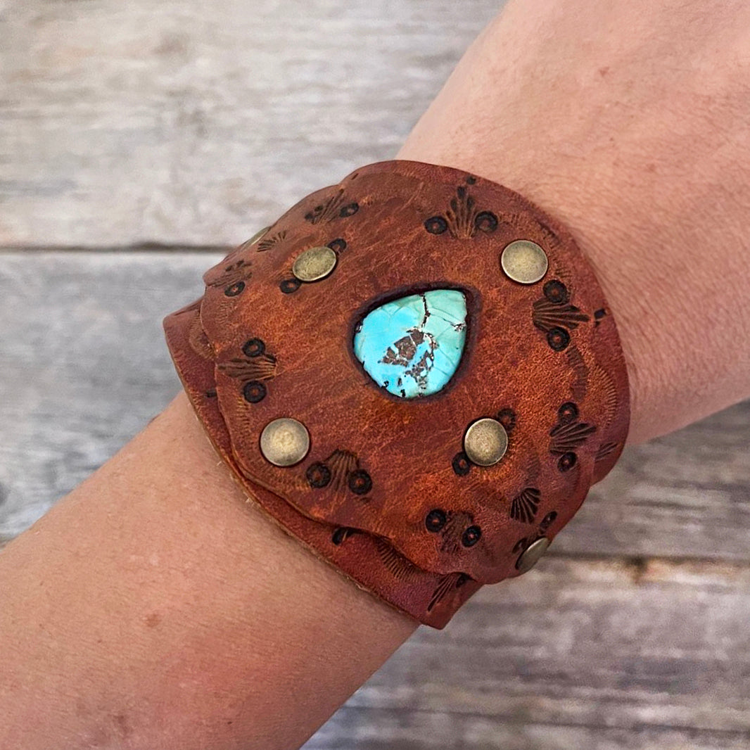 One of a Kind, genuine leather bracelet with Kingman turquoise