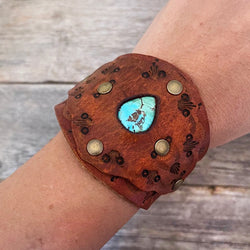 One of a Kind, genuine leather bracelet with Kingman turquoise