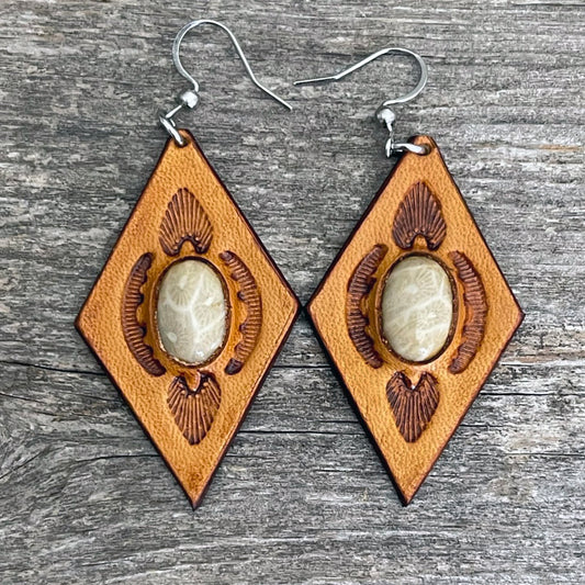 One of a Kind - White Coral inlay leather diamond shape earrings