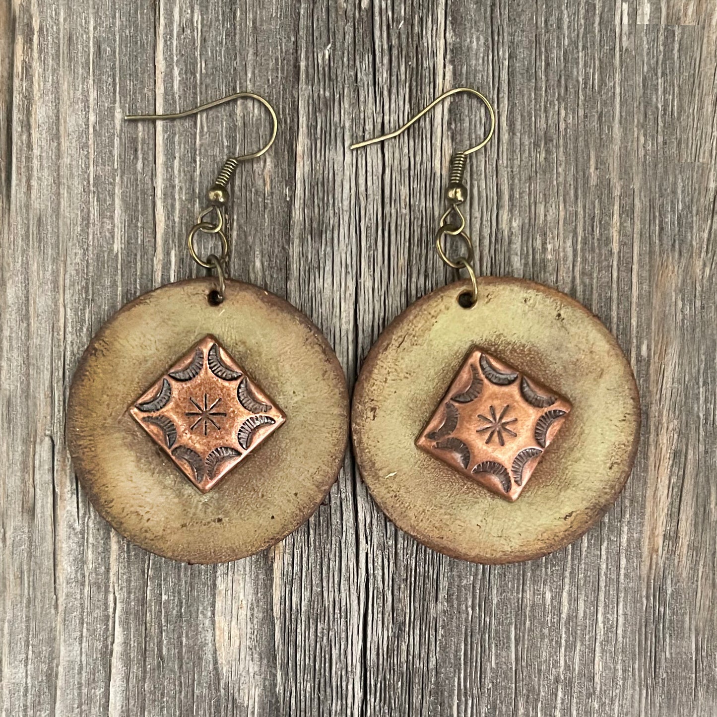 MADE TO ORDER - Leather Round Drop Copper Rivet Earrings
