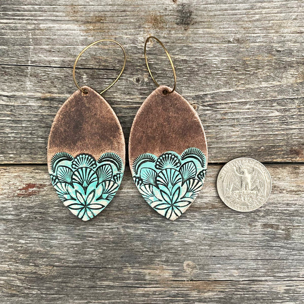 One of a Kind turquoise and brown oval leather earrings