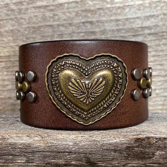 Brown Leather Bracelet with Heart Concho and Rivets