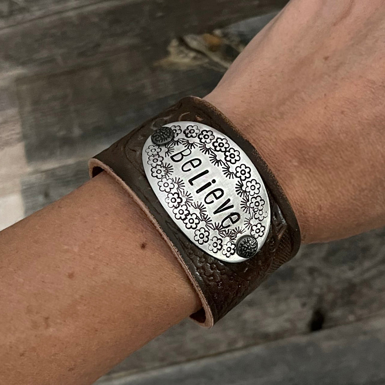 Genuine Tooled Leather Hand Stamped Bracelet | Boho Accessories