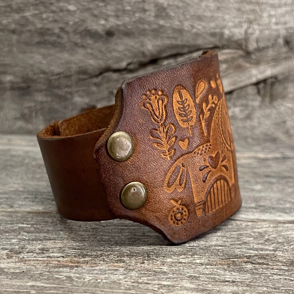 MADE TO ORDER - Genuine Leather Bracelet with Tooled Horse Design