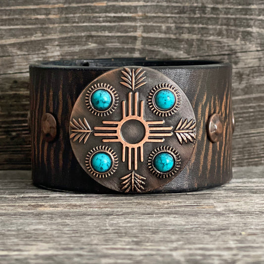 One of a kind Genuine Leather Bracelet with Quadrant Blue Stones