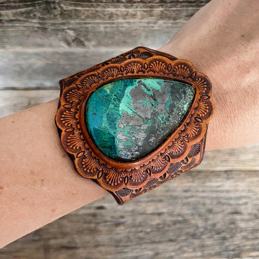 One of a Kind Leather Bracelet with Drop-shaped Chrysocolla Stone