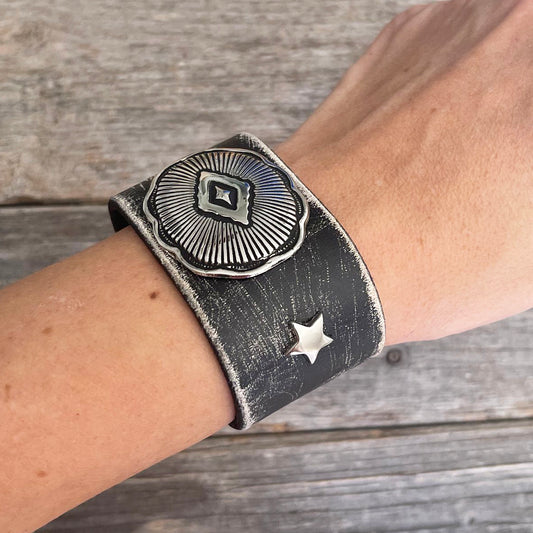 MADE TO ORDER - One of a Kind, genuine leather bracelet oval concho