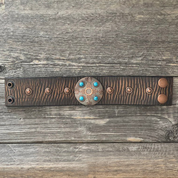 One of a kind Genuine Leather Bracelet with Quadrant Blue Stones