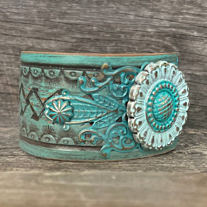 One of a Kind, genuine leather patina flower concho bracelet