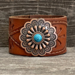 One of a kind Genuine Threaded Leather Bracelet with Flower Concho