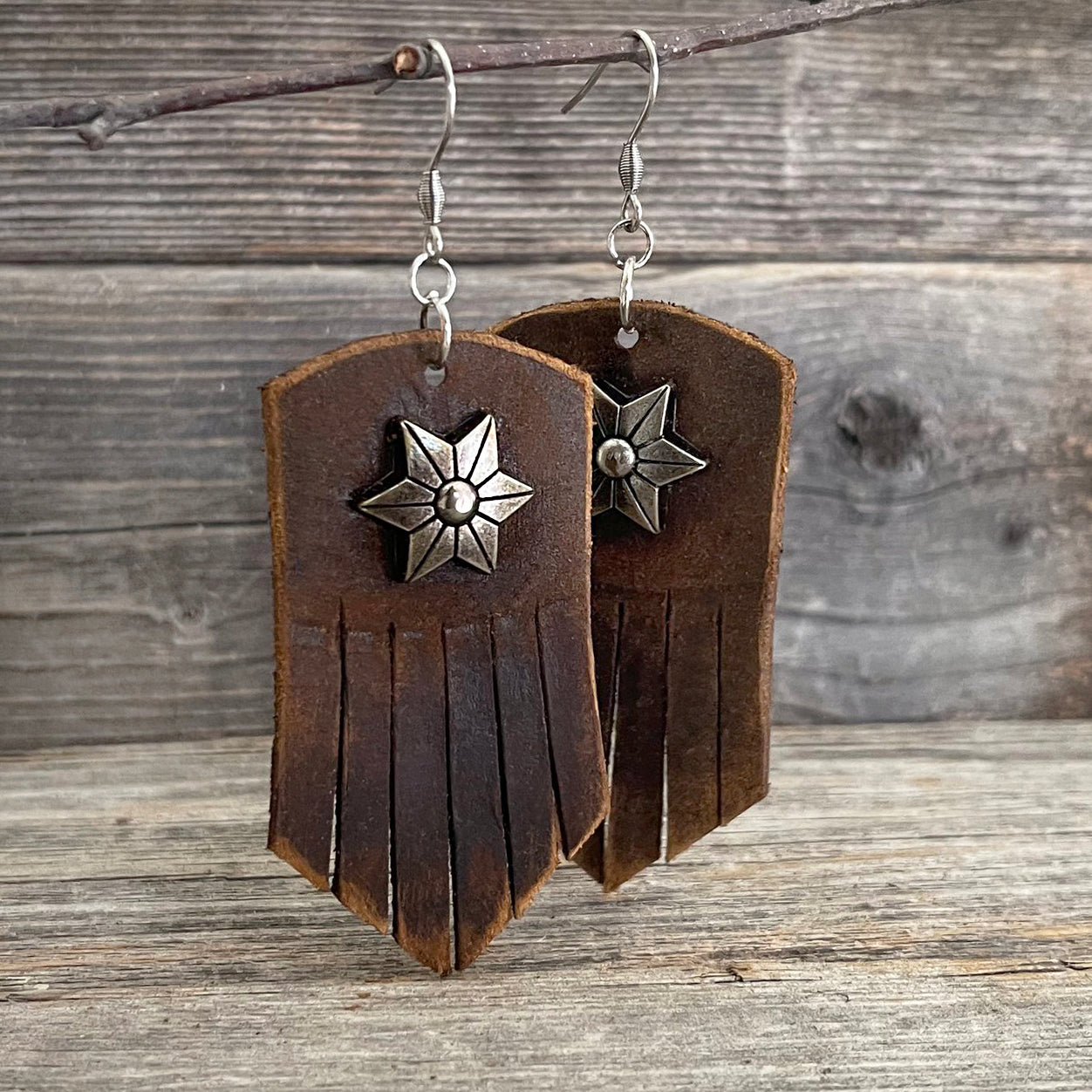 MADE TO ORDER - Leather Fringe Earrings with Star Rivets