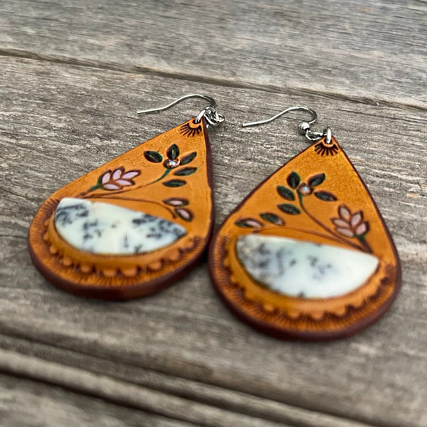 One of a Kind, Half Moon Opal Inlay Leather Earrings