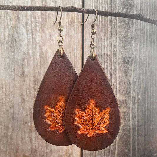 MADE TO ORDER - Autumn Leaves Leather Drop Earrings