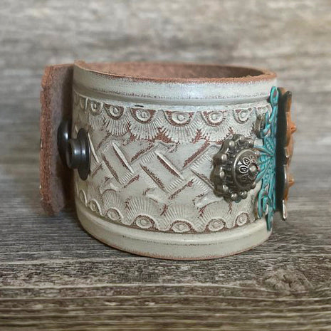 One of a Kind, Genuine Leather Patina Square Concho Bracelet