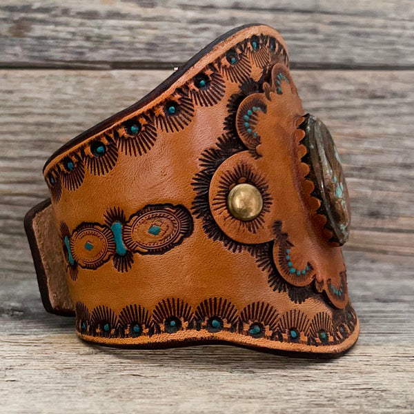 One of a Kind - Tooled Leather Bracelet with Royston Turquoise