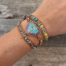 Leather 3 Tier Bracelet Turquoise Heart | Jasper Heart-Shape Stone