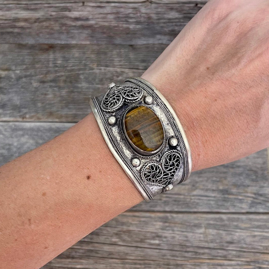 Natural Stone Hand Tooled Cuff Bracelet | Boho Accessories