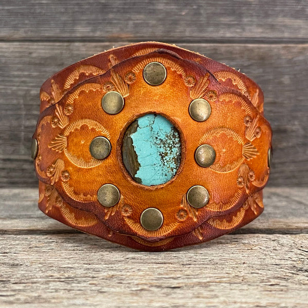 One of a kind, genuine leather bracelet with Royston Turquoise