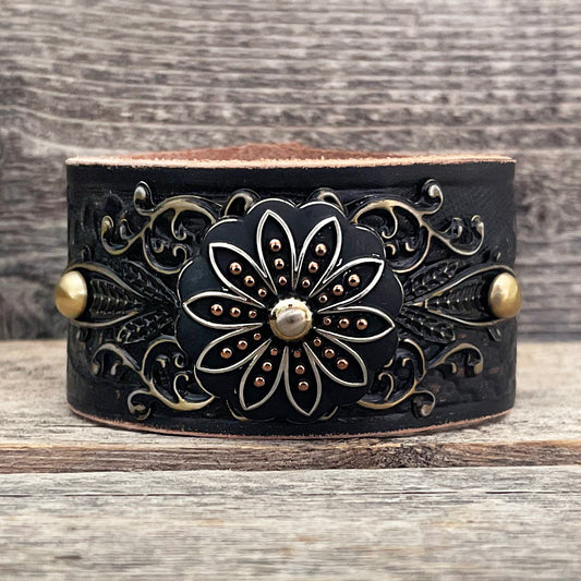 One of a kind, Handmade Leather Bracelet, black and silver flower concho