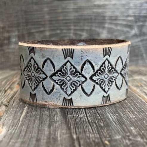 One of a kind, genuine leather, wide boho bracelet with tooled pattern