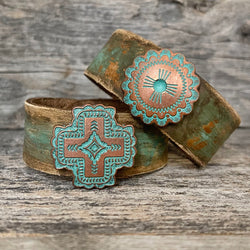 MADE TO ORDER - Genuine Leather Bracelet Turquoise Patina Concho