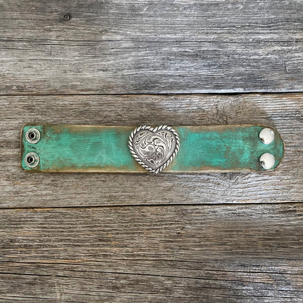 MADE TO ORDER - Turquoise Leather Bracelet with Big Heart Concho