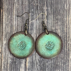 MADE TO ORDER - One of a Kind, genuine leather round drop boho handmade earrings with flower design