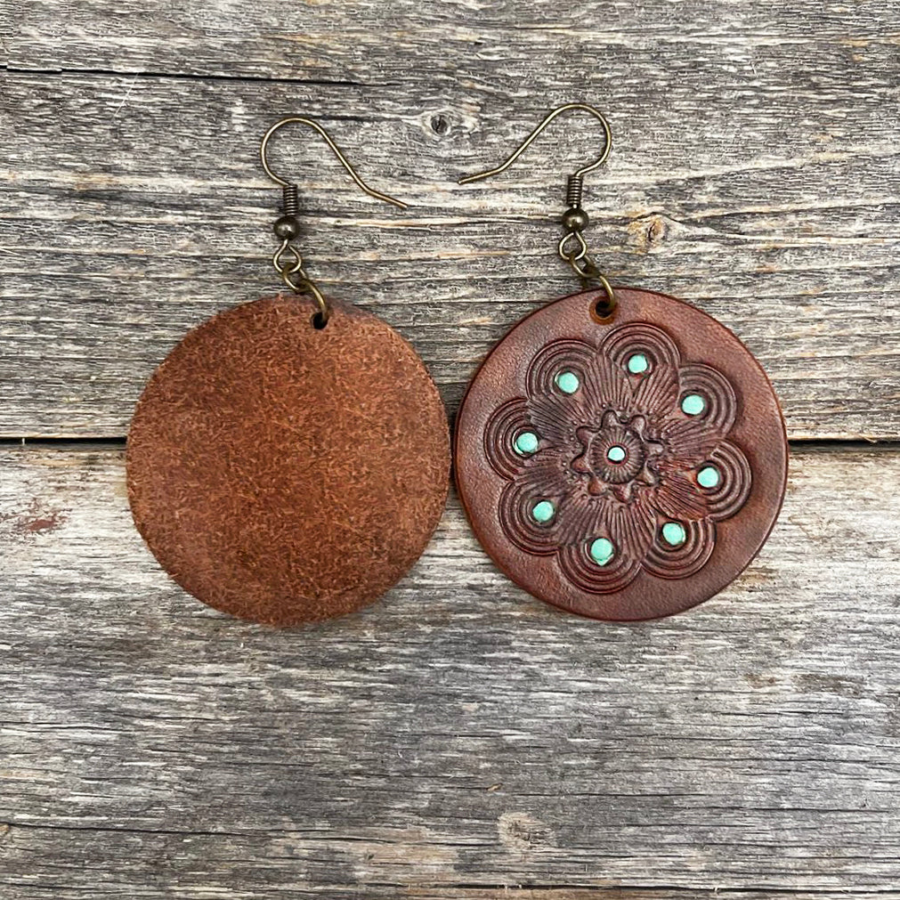 One of a Kind round tooled leather earrings | Boho Accessories