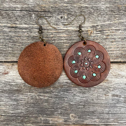 One of a Kind round tooled leather earrings