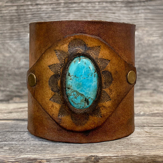 One of a Kind, wide leather bracelet with genuine Arizona Turquoise stone