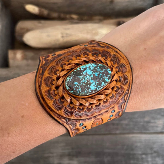 One of a Kind - Tooled Leather Bracelet with Kingman Turquoise