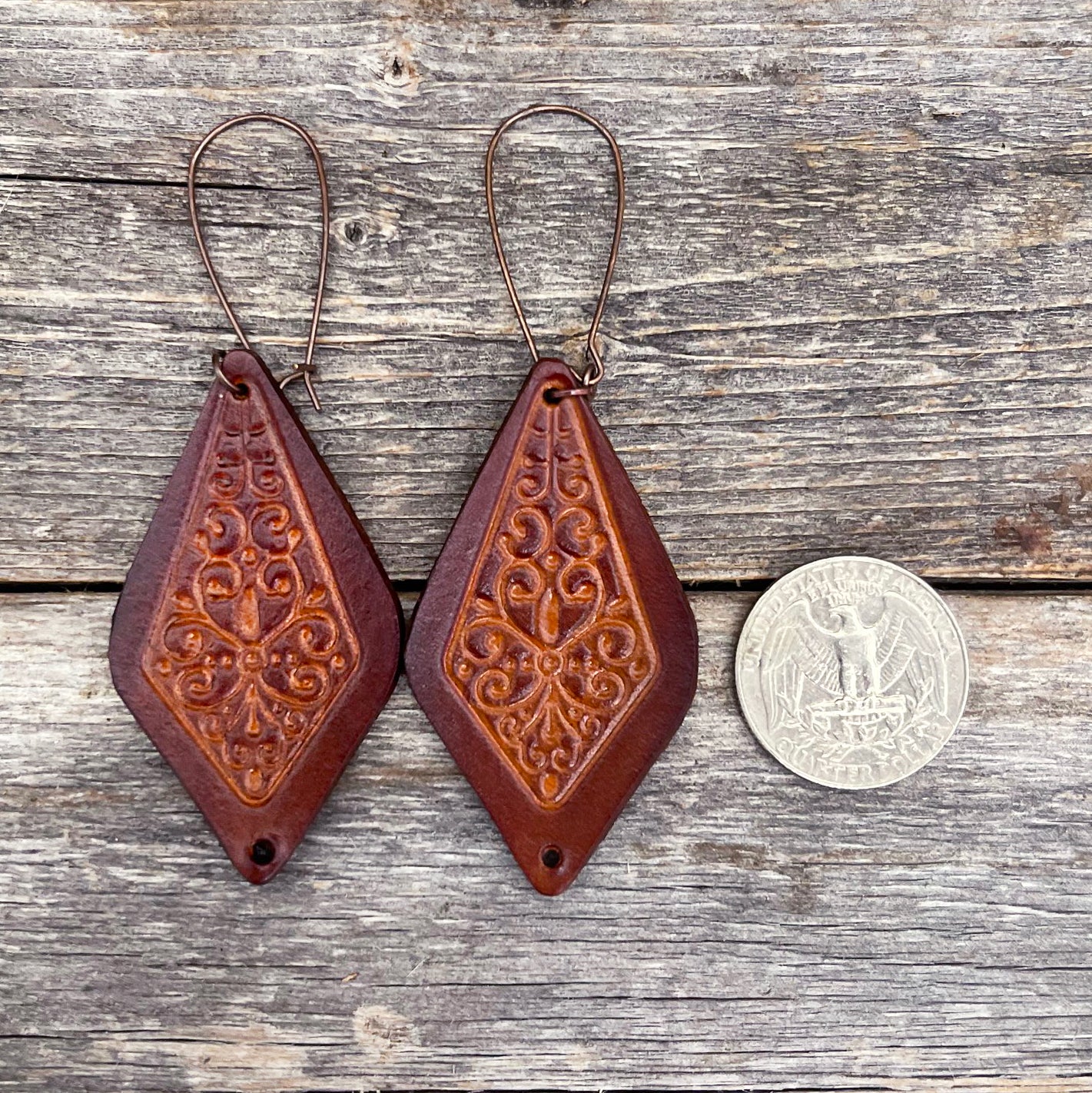 One of a kind rhomboid tooled leather earrings  | Boho Accessories